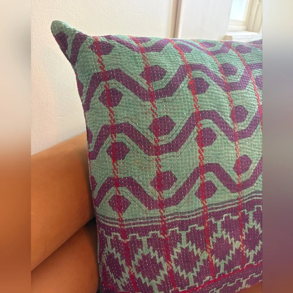 NWT Vintage One Of A Kind Sari Kantha Pillow-22in Purple/Turquoise